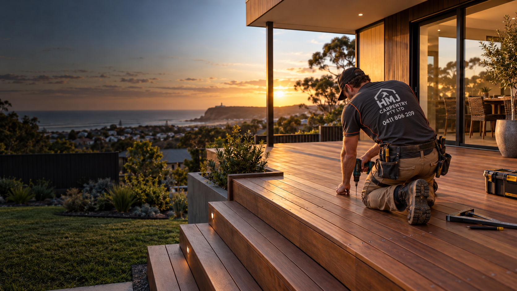 Carpenter completing a hardwood deck at an Australian home